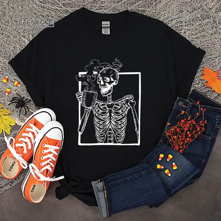 SKELETON DRINKING COFFEE Halloween T Shirt