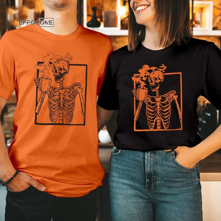 SKELETON DRINKING COFFEE Halloween T Shirt