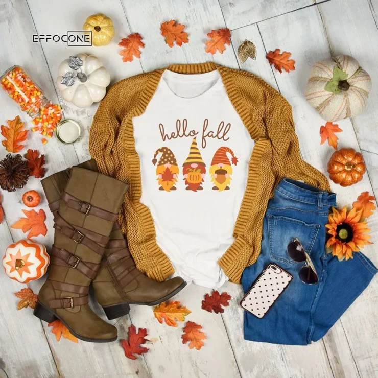 Hello Fall Gnomes Day Thankgiving T-Shirt