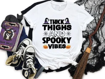 Thick Thighs Spooky Vibes Funny Halloween T-Shirt