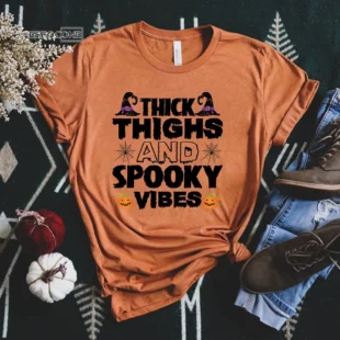 Thick Thighs Spooky Vibes Funny Halloween T-Shirt