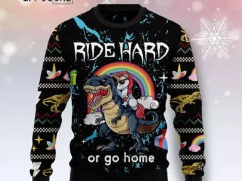 Dinosaur Unicorn Ride Hard Ugly Christmas Sweater