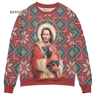 Jesus Keanu Reeves With Dog Ugly Christmas Sweater