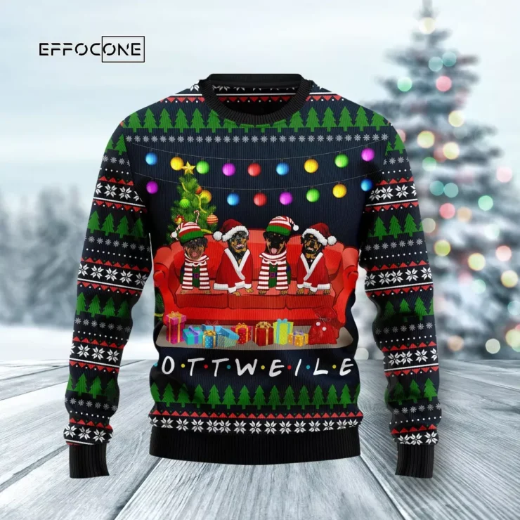 Rottweiler Friends On Red Sofa Ugly Christmas Sweater