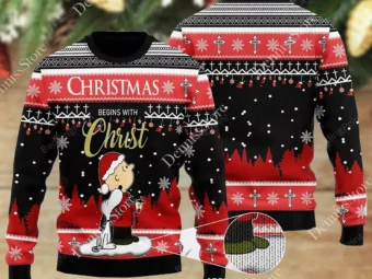 Snoopy And Charlie Christmas Begins With Christ Ugly Christmas Sweater