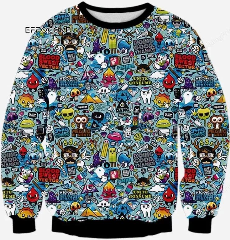 Wacky Cartoon Sketch Mash Up Ugly Christmas Sweater